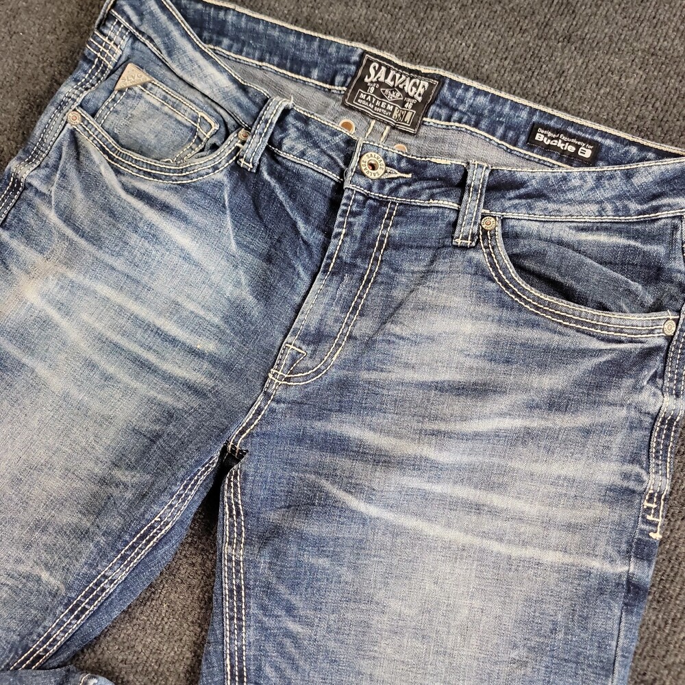 Buckle Salvage Mayhem Straight Jeans Mens 38x32 Blue Stretch Distressed Whiskers
